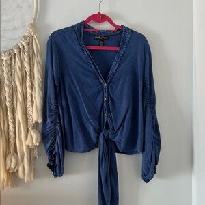 Gretty Zueger Tie-Front Blouse. Cute back detail and ruched sleeves. Cowgirl top